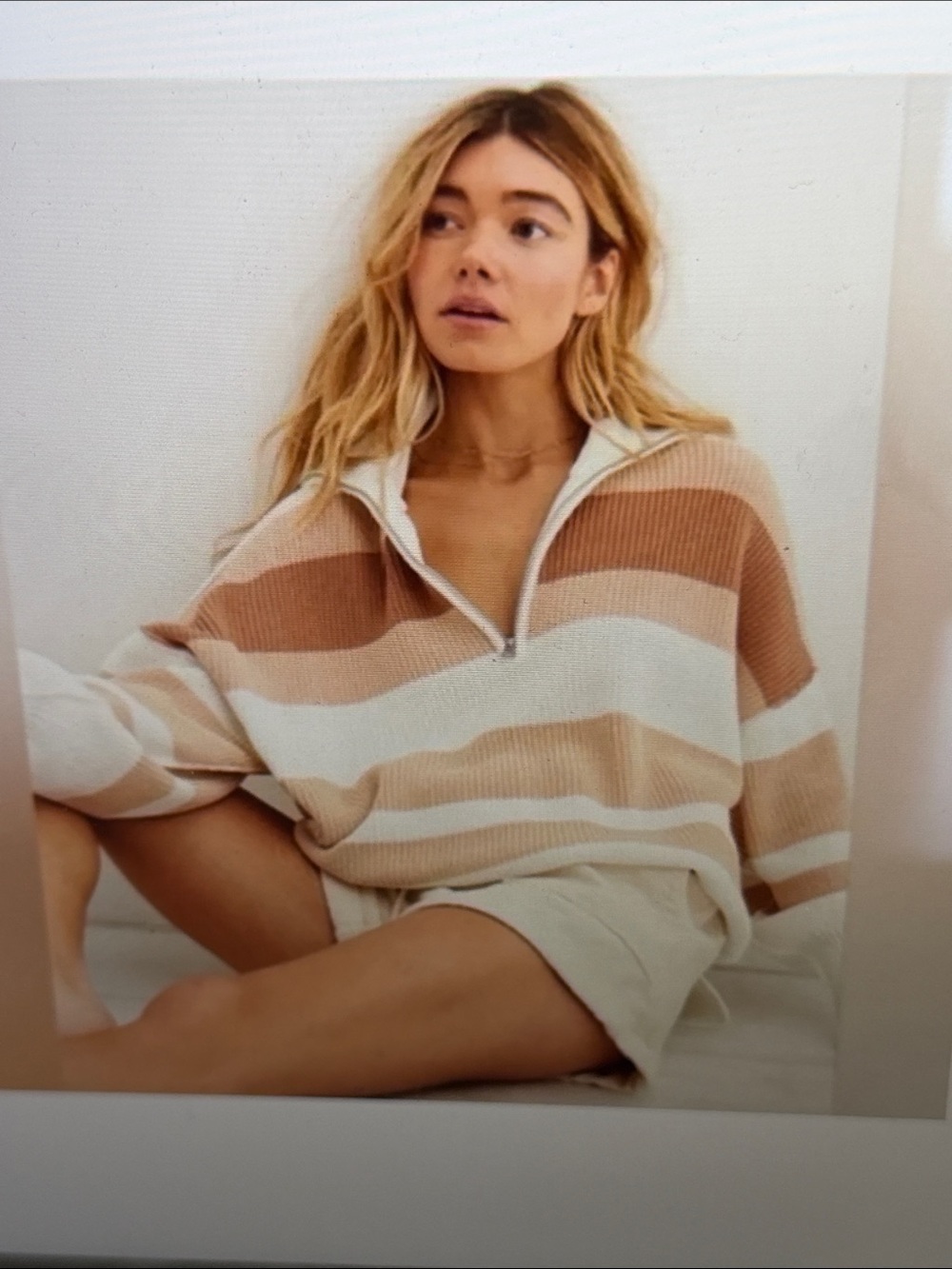 aerie Striped Cowl Half-Zip Sweater - Cream & Tan